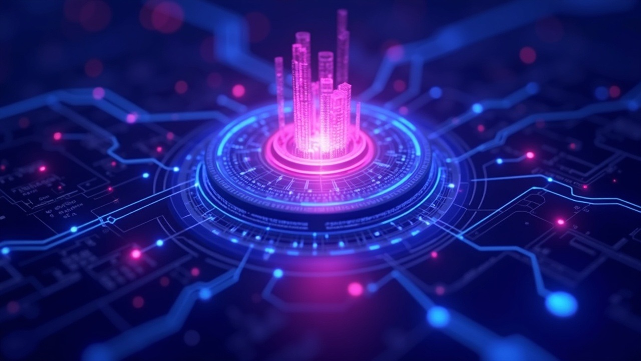 Digital illustration of crypto assets and blockchain with neon lighting and a symbol of regulatory clarity in crypto markets