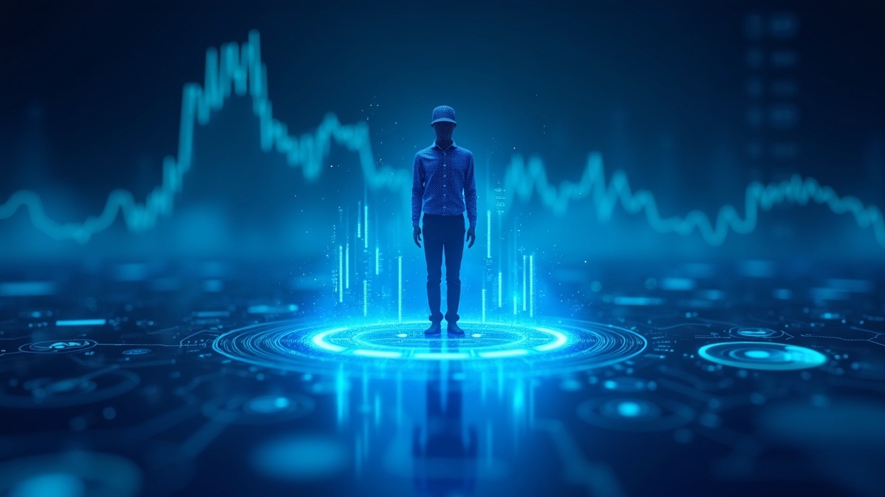 Crypto-style illustration of a regulatory figure with holographic perpetual futures charts and neon blue glow