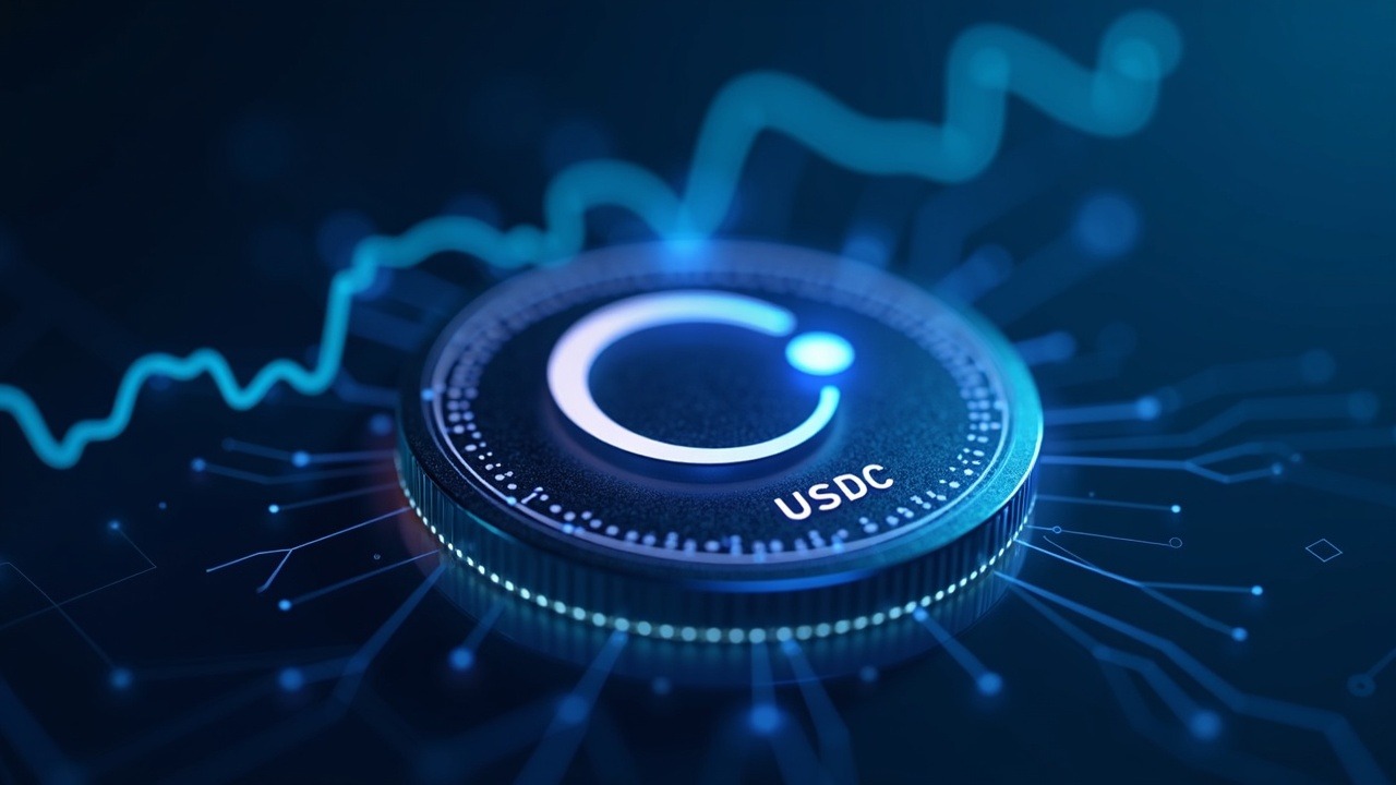 Glowing USDC coin with Circle logo linked to AI circuitry and an upward-trending stock chart, neon blue-cyan glow.