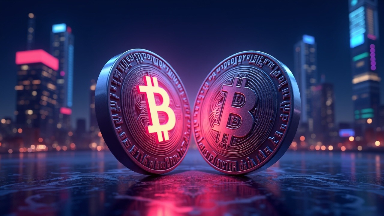 Neon illustration of Coinbase opposing a restrictive stablecoin bill, glowing coin colliding with metallic regulatory shield.