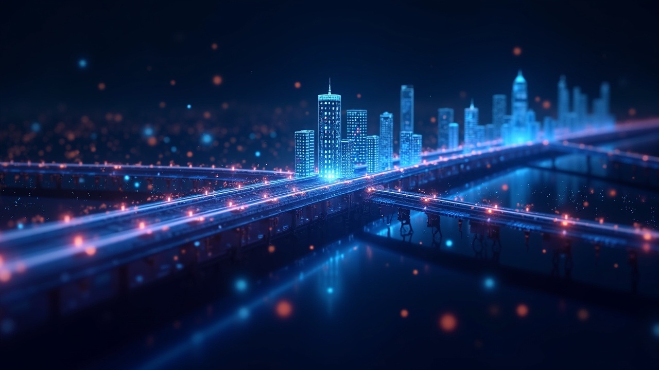 Neon illustration of a regulated cross-border fiat settlement rail linking major cities, overlaid with an AI rules engine.