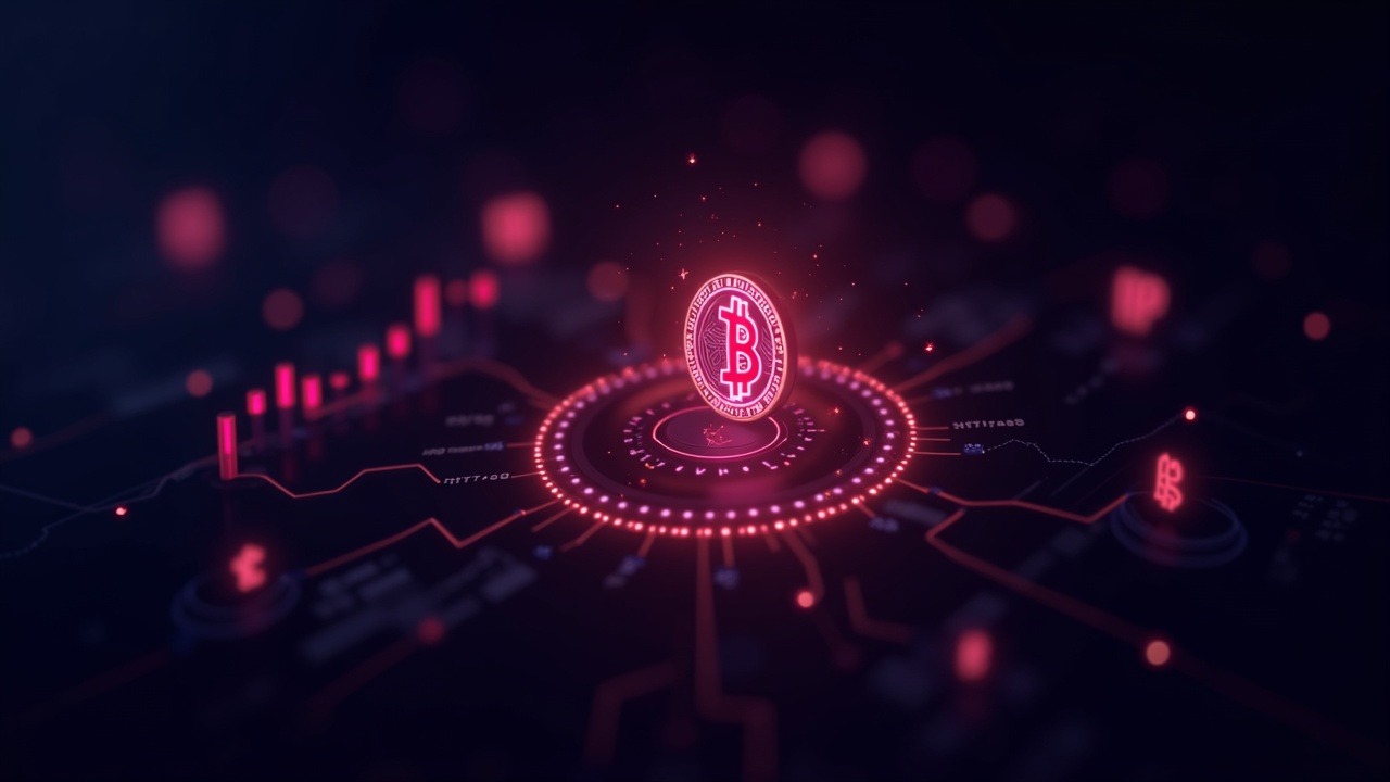 Neon crypto illustration with Bitcoin, ETF icons, up-and-down charts, and a Fed hawkish-pause vibe against a blurred futuristic background.