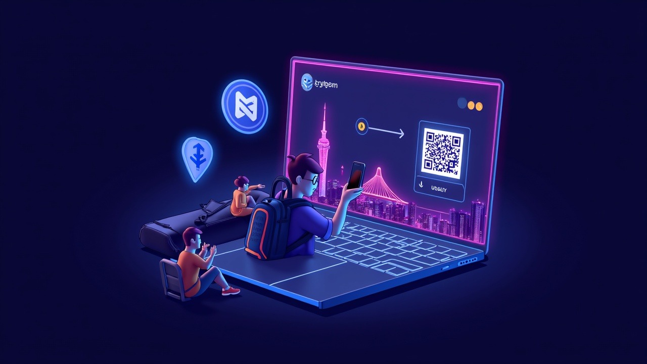 Traveler in Seoul uses Crypto.com Pay, scans a QR code for real-time crypto-to-KRW conversion with BTC, ETH, USDC, USDT logos