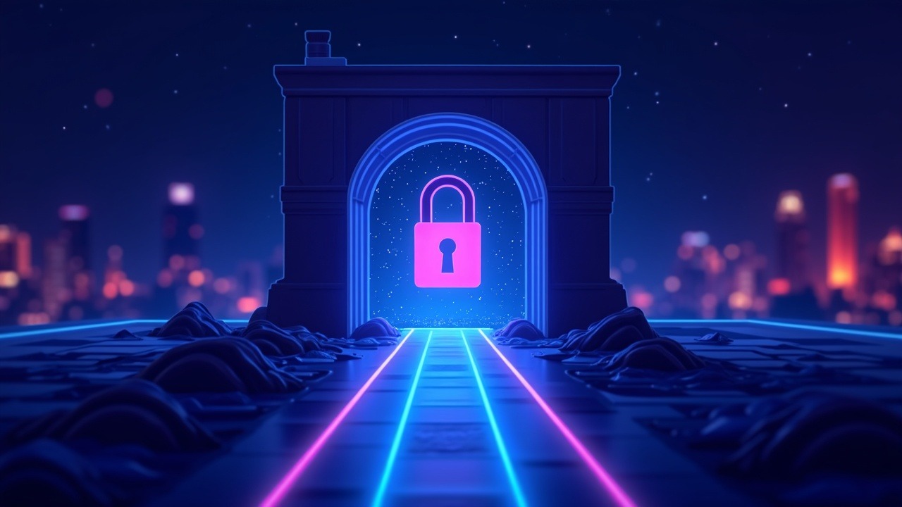Crypto illustration of a secure harbor gateway with three neon lanes labeled Startup, Fundraising, Investment, blue glow.