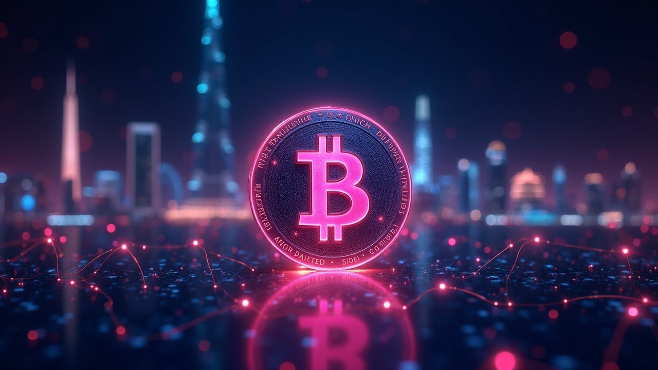 Neon crypto coin between DC and Dubai skylines, connected by glowing blockchain threads