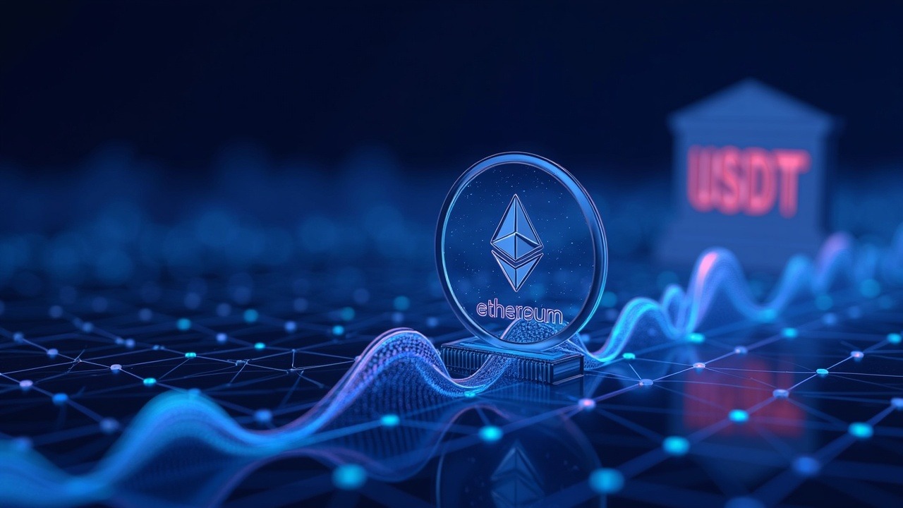 Neon crypto illustration showing Ethereum and USDT flows on a transparent blockchain with a courthouse silhouette.