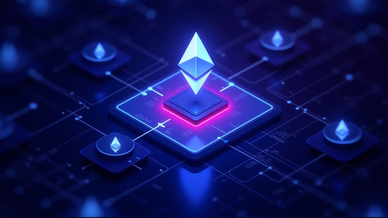 Ethereum DVT-Lite validator cluster with container icons and distributed keys, neon glow, near one-click deployment