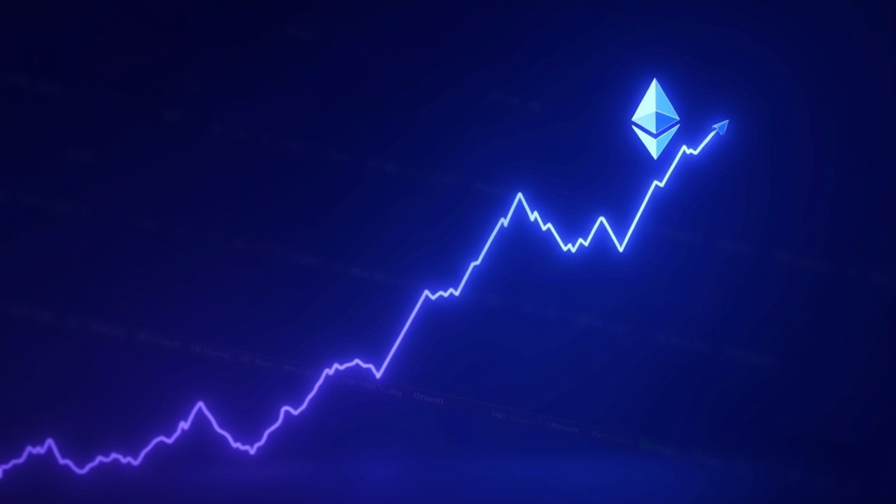 Ether breaks above 2200 on a neon price chart with ETH logo and blue-violet glow