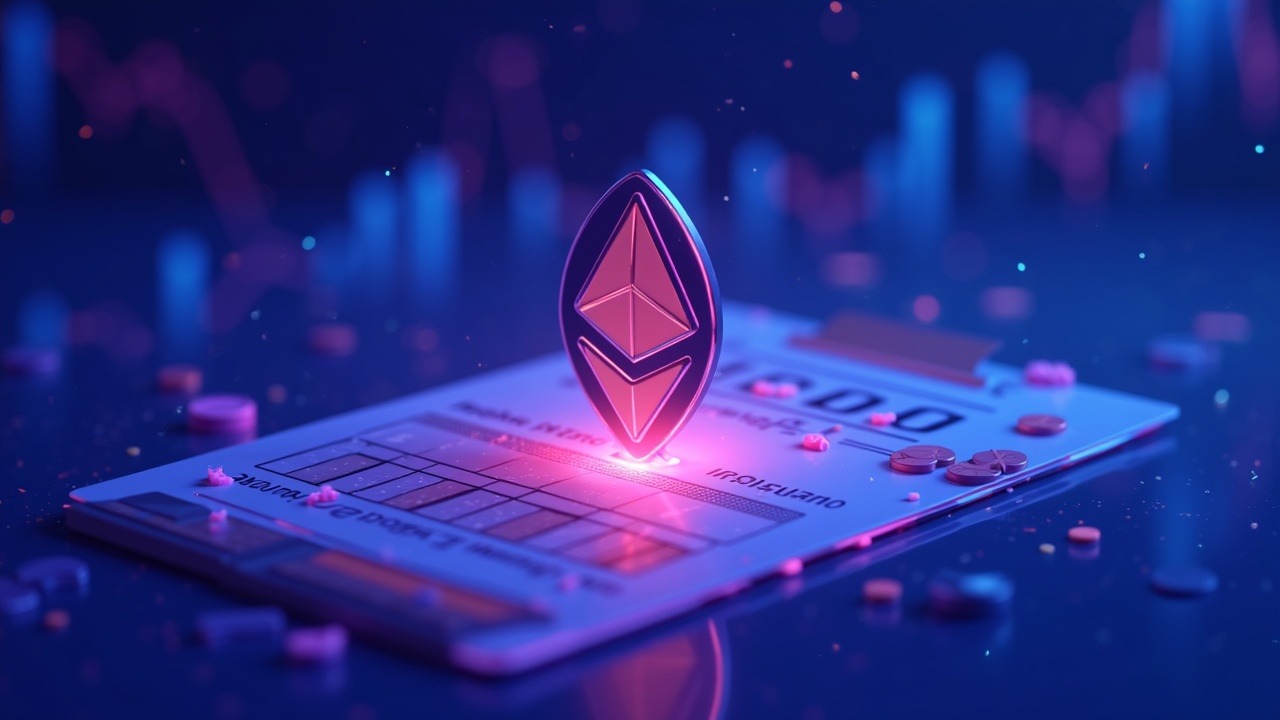 Neon crypto illustration shows an Ethereum token sinking above a transparent balance sheet with glowing staking receipts.