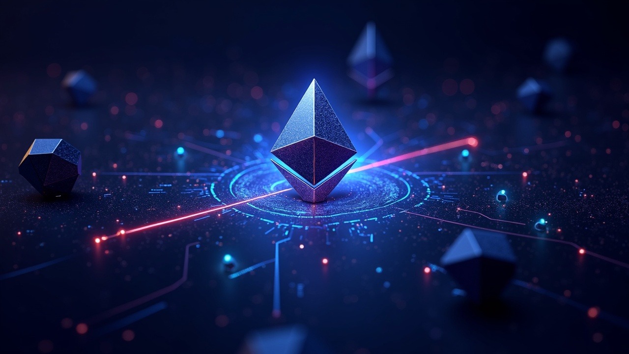 Neon-lit Ethereum nodes fuse into a single backend, symbolizing a unified, more accessible network.