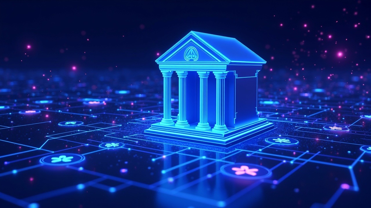 Futuristic Swiss crypto bank joining an EU regulated DLT trading venue with on-chain settlement and tokenised securities.