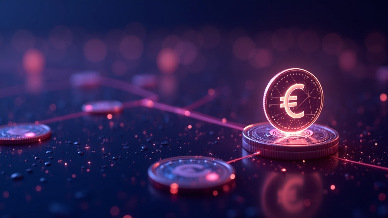 Neon-lit illustration of euro stablecoins (EURC) flowing through a sleek on-chain network with glowing euro symbols.