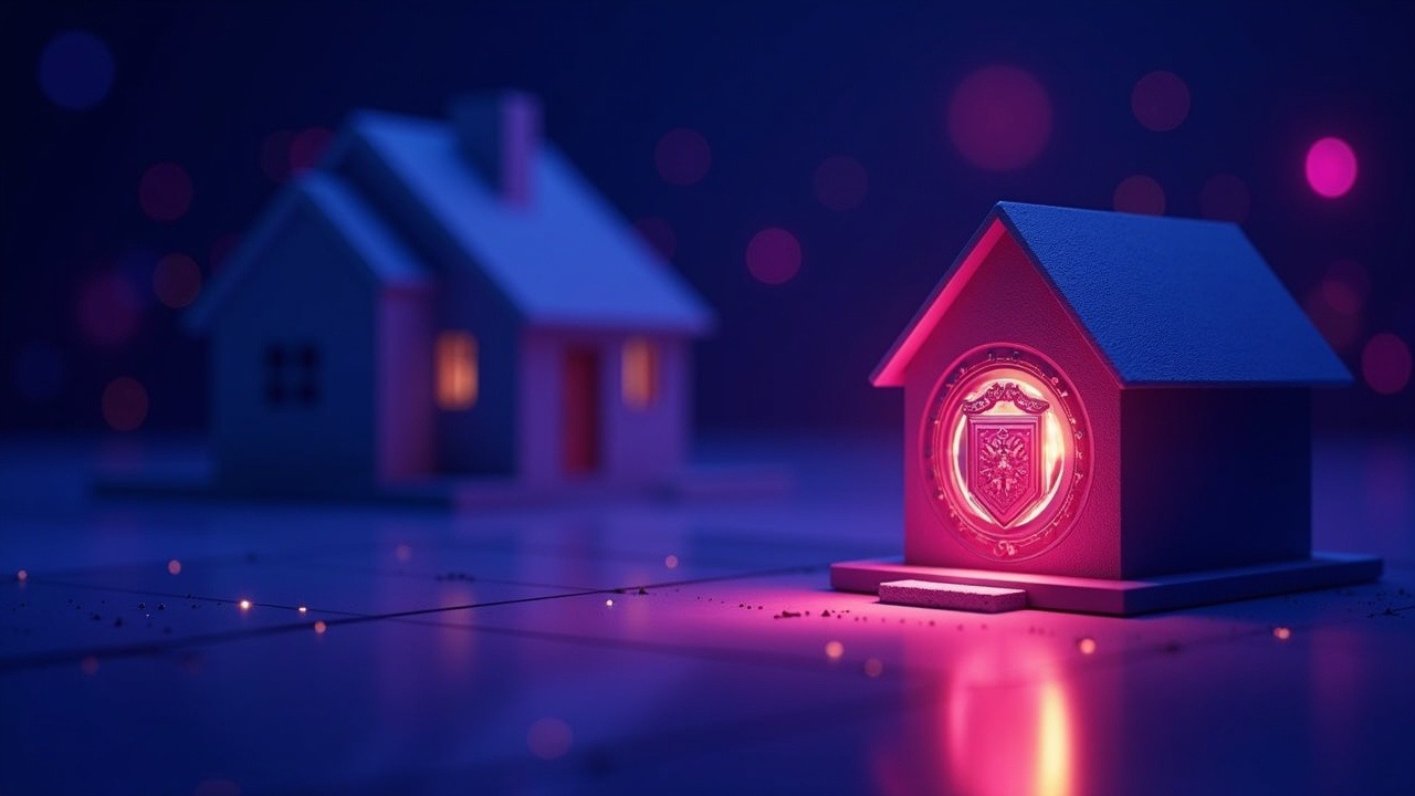 Neon-lit house connected to a glowing crypto vault with a custody shield against a blue-pink bokeh background.