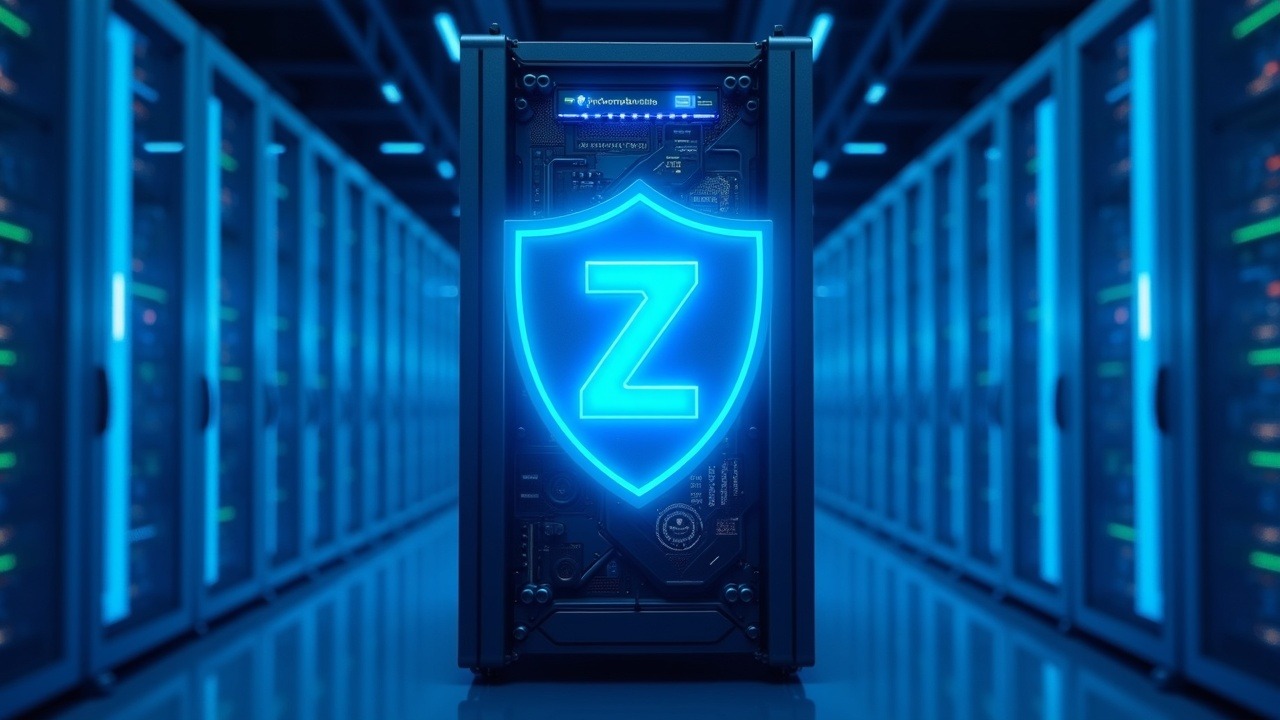Zcash mining rig in a neon-blue data center, with a translucent compliance shield and audit visuals.