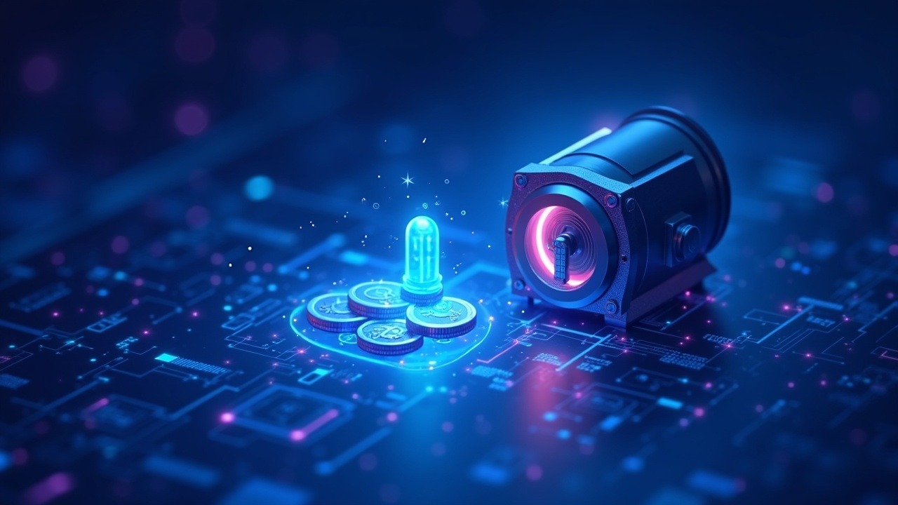 Futuristic crypto vault scene with holographic coins and a transparent ledger, soft bokeh in neon blue and purple glow.
