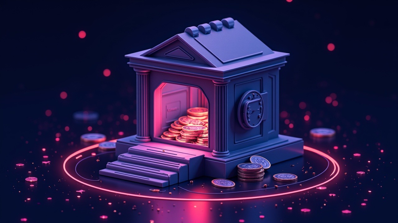 Neon, hyperreal artwork showing stablecoins separated from insured deposits near a futuristic bank vault with digital tokens.