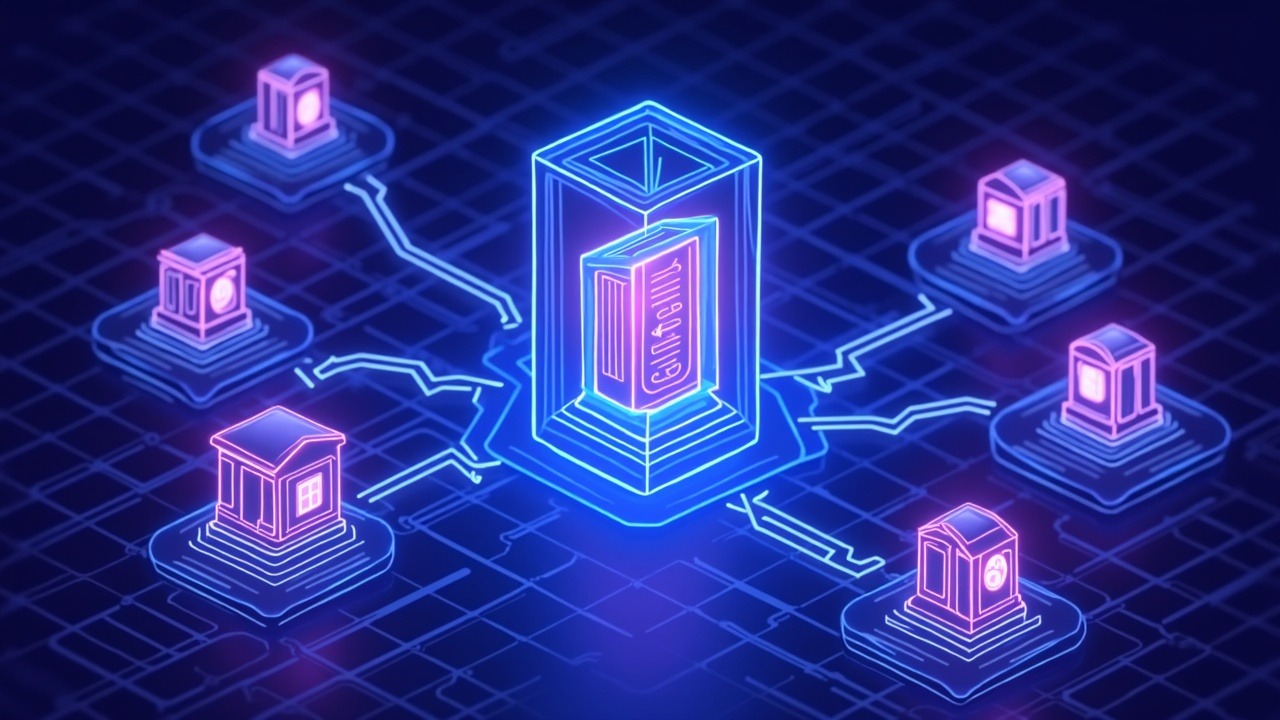 Neon illustration of interconnected banks with a glowing digital vault and token streams for won stablecoins and cross-border settlement.