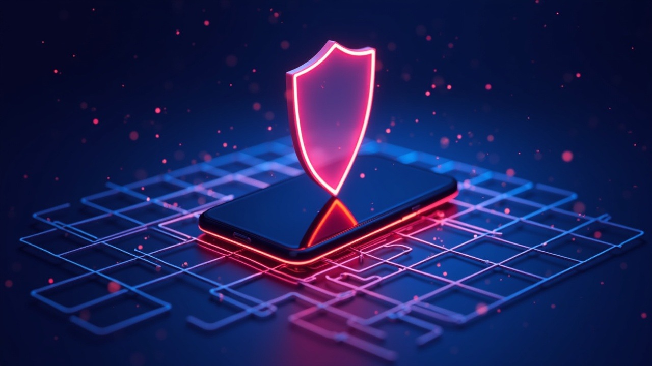 Neon illustration of a crypto wallet on a glowing grid, with an iPhone silhouette shielded to signal protection from scams.