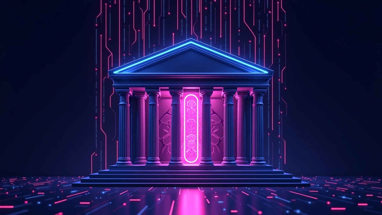 Neon-lit modern bank facade with streams of data into a glowing crypto core, signaling accountability and fraud