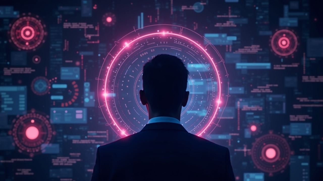 Hyperreal crypto scene with an executive silhouette, neon lights, HUDs, floating token orbs, and a blurred regulatory grid.