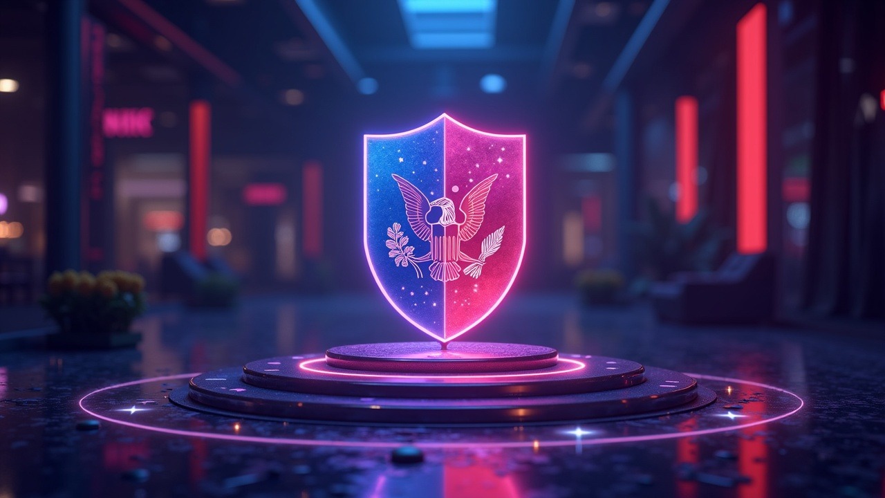 Neon-lit Kalshi market hub with split view: federal shield vs. state gavel, sleek crypto-news aesthetic