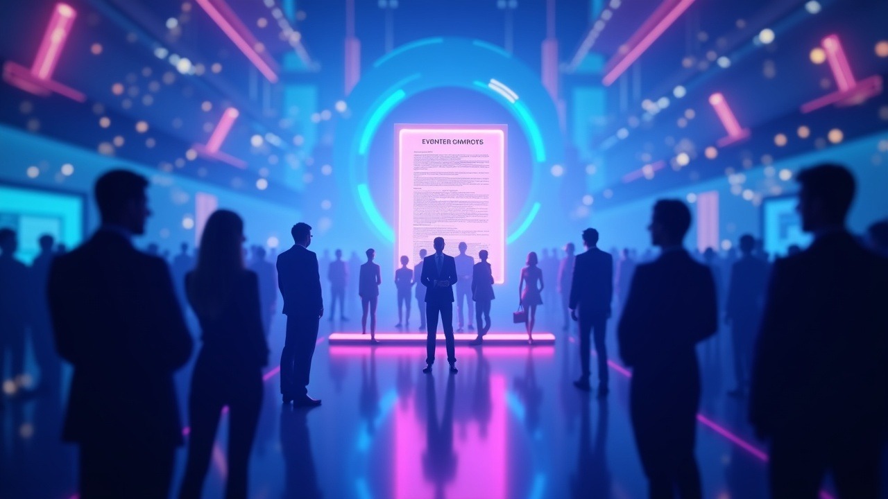 Neon futuristic scene with a holographic contract hovering between silhouettes of state regulators and federal authorities.