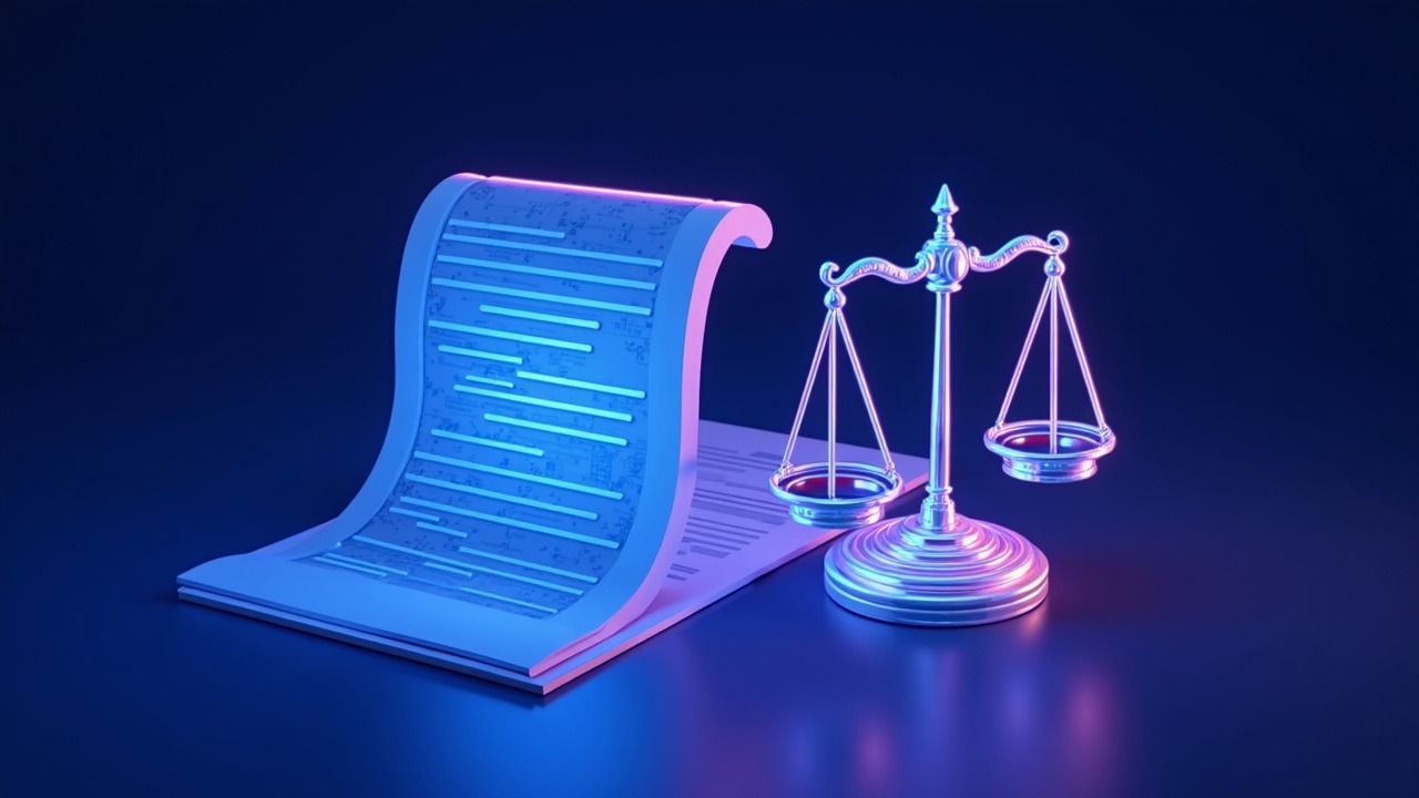 Neon-lit Kalshi contract colliding with scales of justice, set against blue and magenta glow.