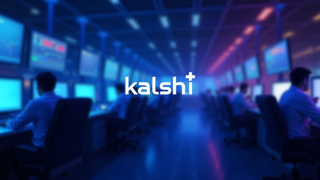 Kalshi logo on a futuristic trading hub with institutional traders at screens under neon blue cyan purple lighting.