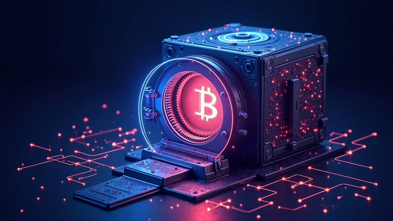 Neon 3D illustration of a Kazakhstan central bank vault morphing into a regulated crypto portfolio with BTC and ETH.