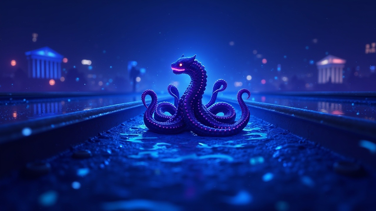 Neon Kraken linking to Fed rails; banks oppose; Trump silhouette supports crypto.