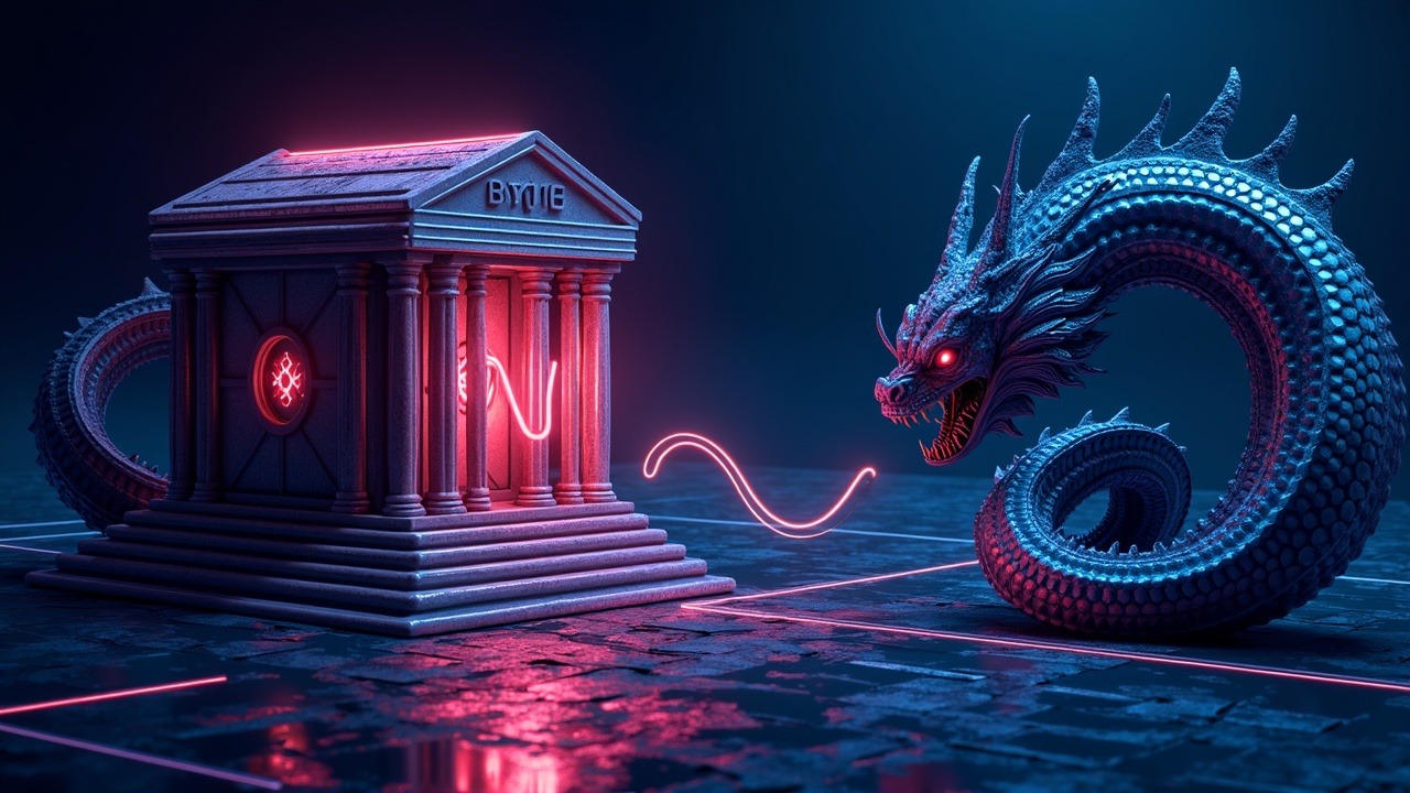 Neon illustration of a glowing central-bank vault linked by a digital thread to a Kraken-inspired figure, signaling crypto regulatory scrutiny.
