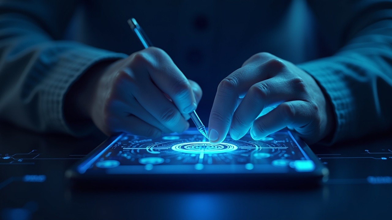 Futuristic Ledger hardware signer enabling AI crypto agents across multiple blockchains, with human approval on the device.