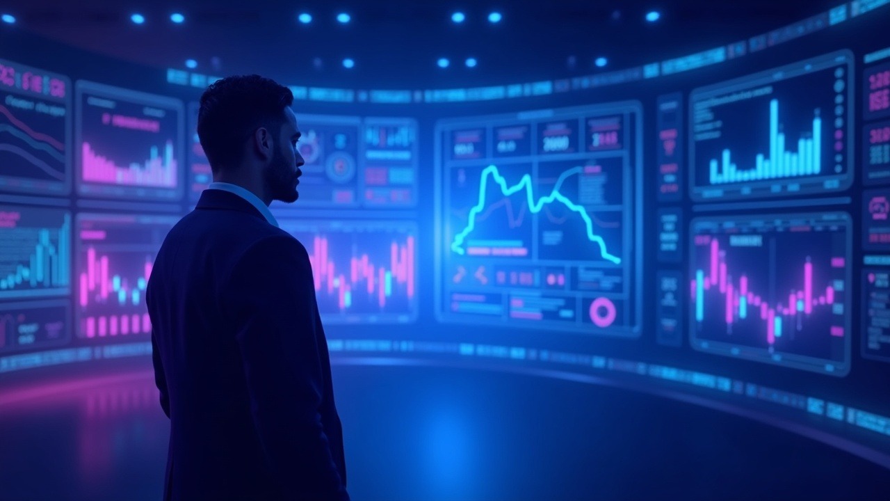 Futuristic crypto research hub with AI data streams, a CEO silhouette, and neon blue and purple glow.