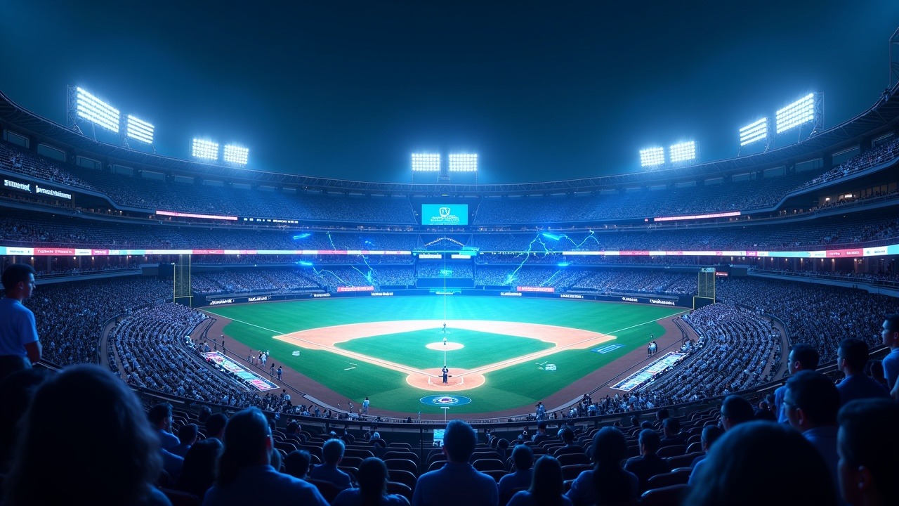 Neon-lit MLB stadium with a holographic Polymarket interface and visible data feeds.