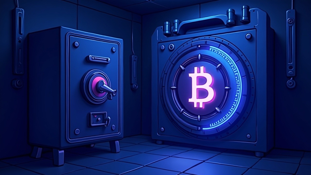 Crypto illustration of Bitcoin custody for an ETF showing Coinbase vault and BNY Mellon back office, neon lighting.