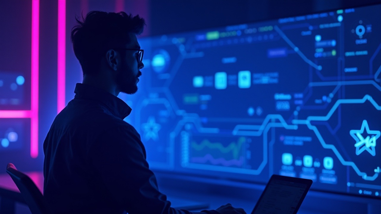 Neon header with influencer silhouette, regulator, crypto icons, and parental-controls symbols on a blue-purple backdrop.