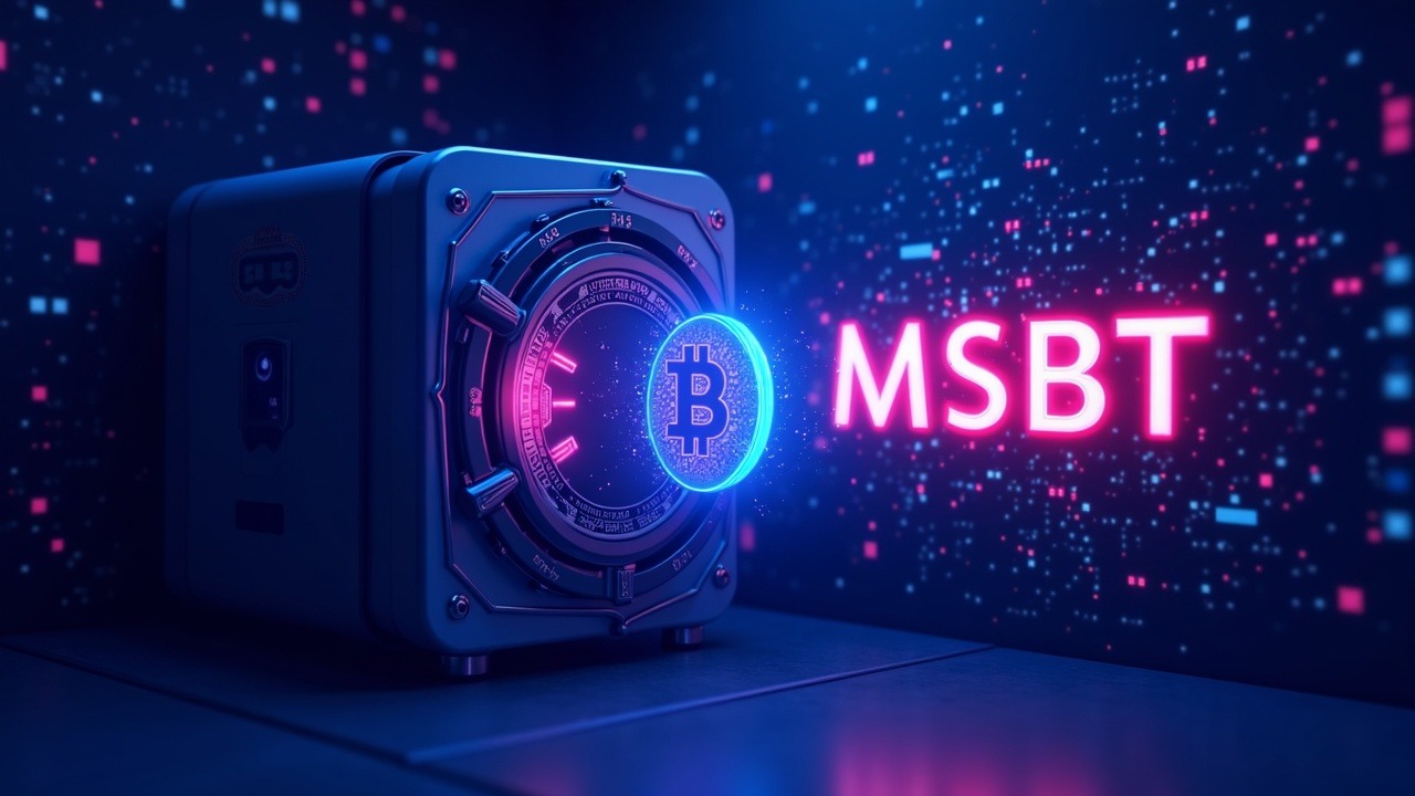 Futuristic digital vault with a glowing Bitcoin orb and a neon MSBT ticker on a NYSE Arca-inspired backdrop