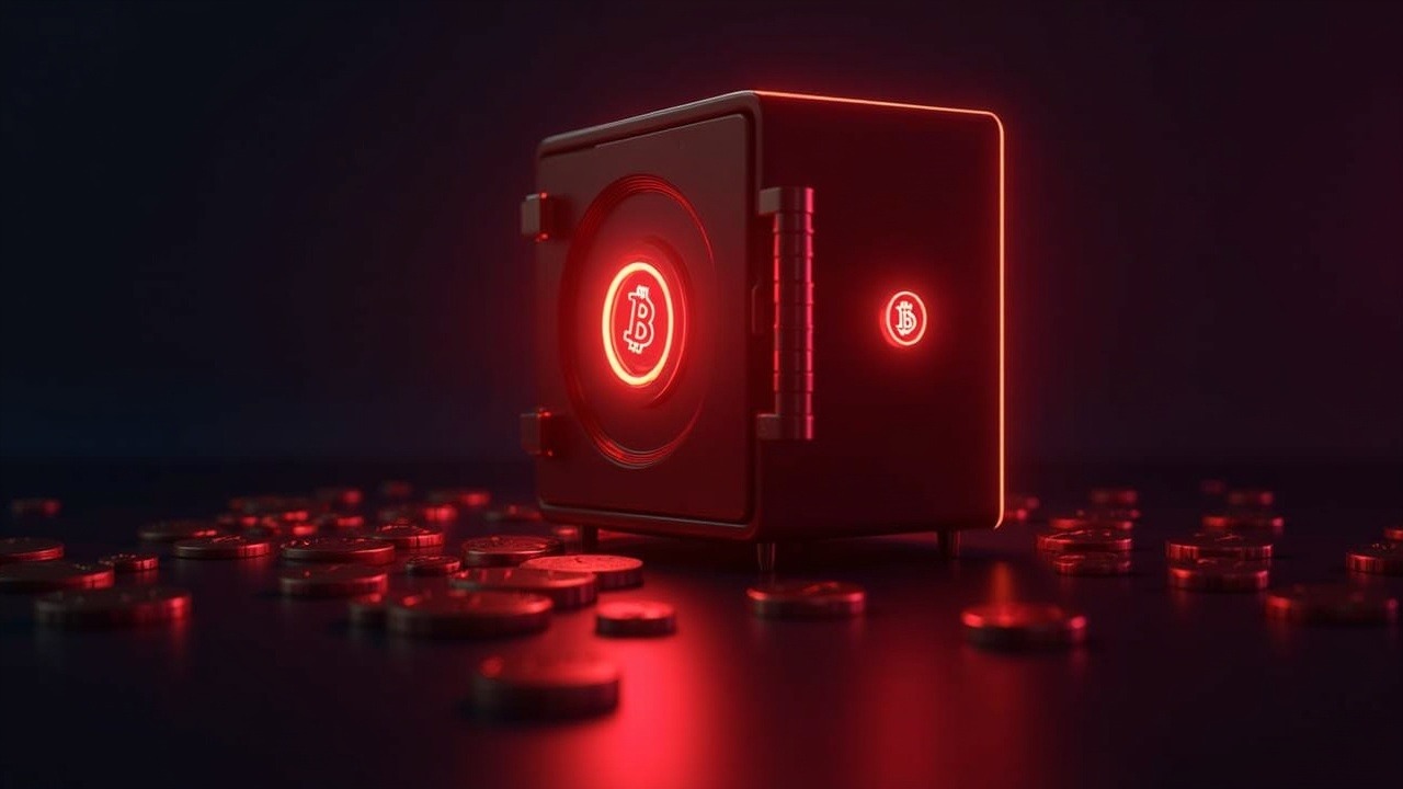 Neon-lit Bitcoin vault with glowing coins and red warning glow in a professional crypto newsroom style.