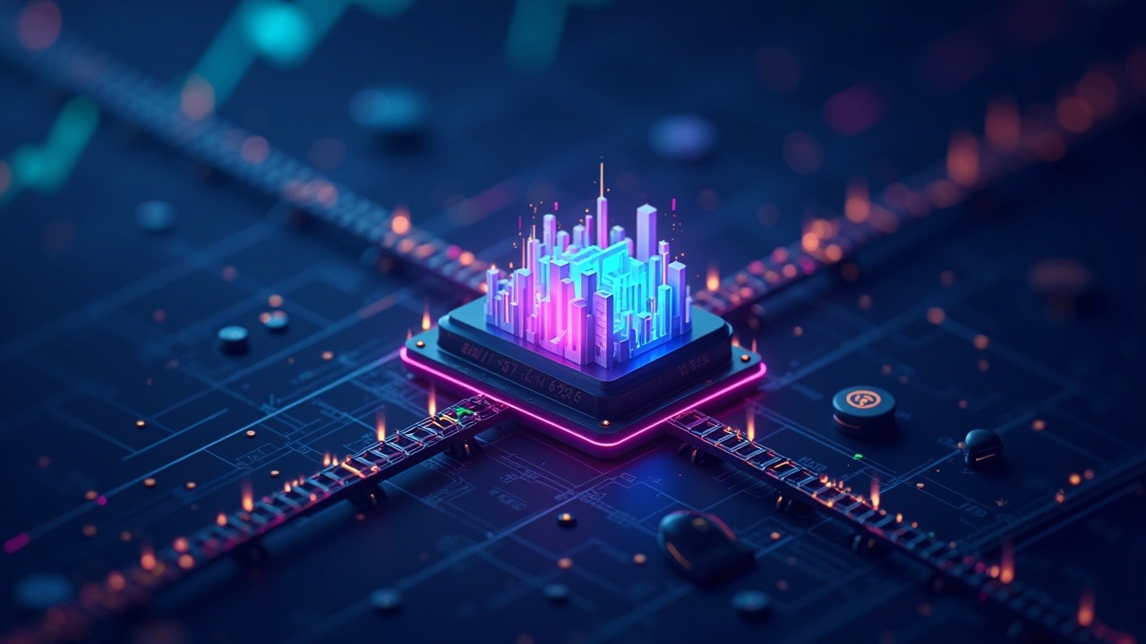 High-tech illustration of on-chain trading hub for tokenized stocks with 1:1 backed tokens and cross-chain rails