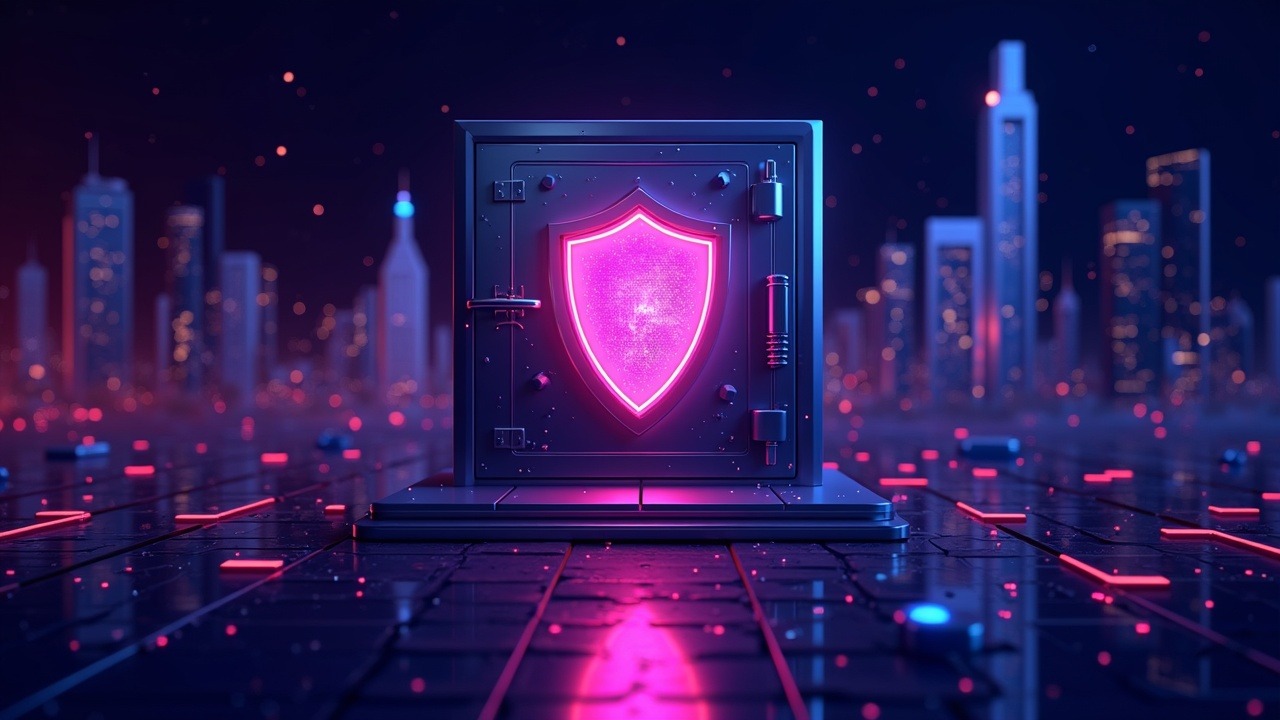 Neon crypto scene showing a digital shield guarding a glowing custody vault and futuristic cityscape against AI phishing.
