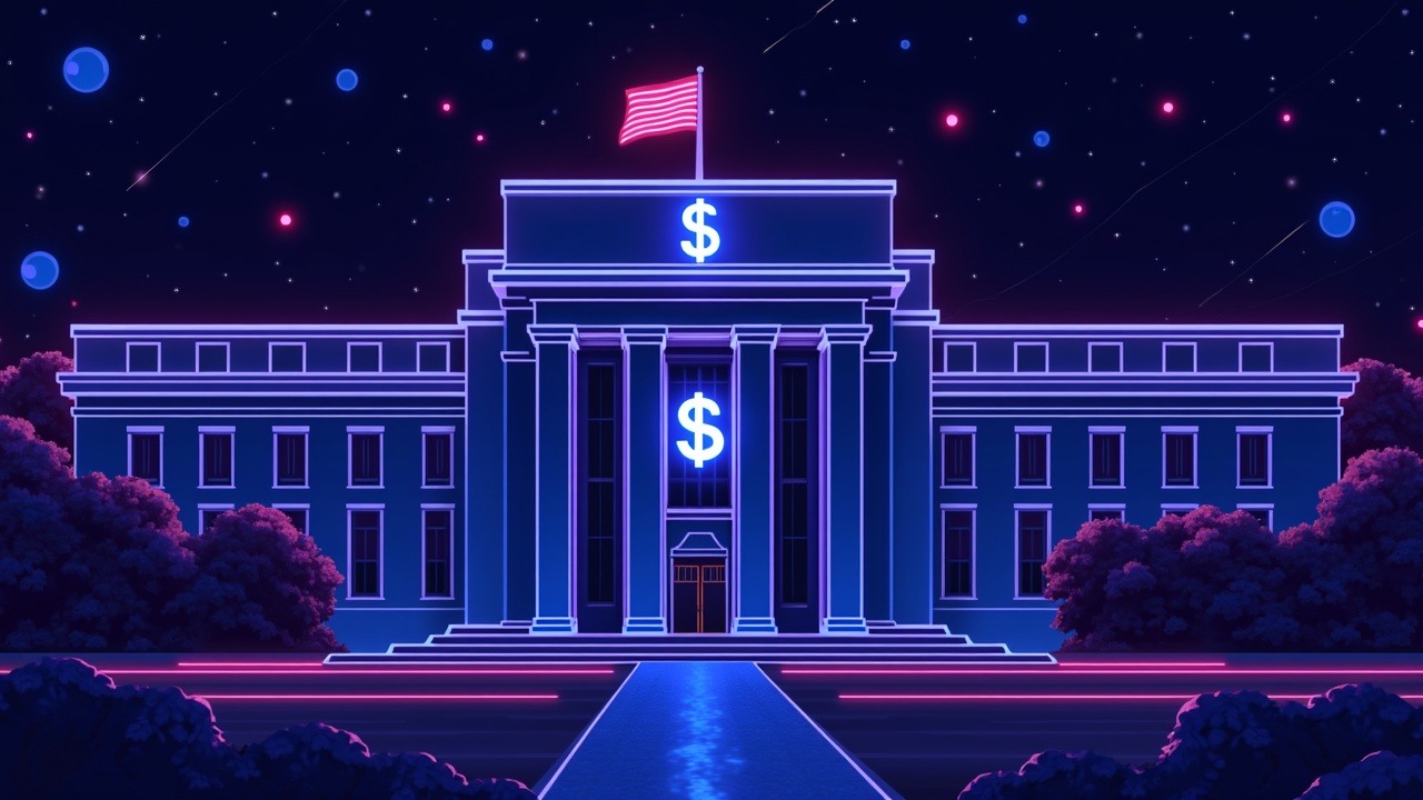 Neon illustration of a paused Federal Reserve building with a digital dollar icon, surrounded by a decentralized crypto network.