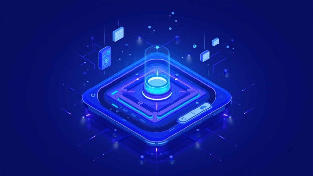 Futuristic non-custodial crypto wallet interface linking users to regulated derivatives, neon blue and purple glow.