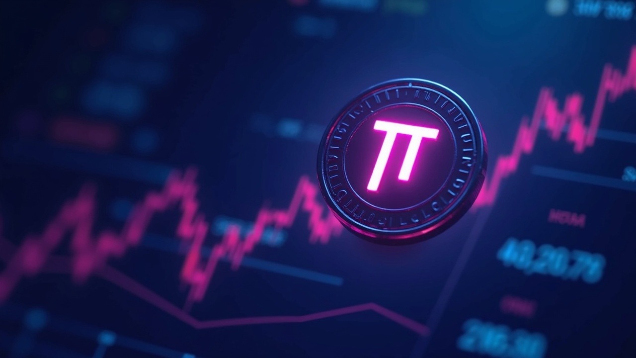 Neon Pi token rising on a price chart with a glowing PI symbol and futuristic exchange interface in blue-cyan-pink hues.