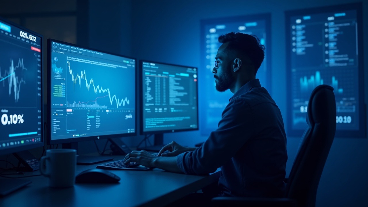 Neon-blue crypto trader in a high-tech command center as a price ticker jumps from 0.01 to 1.00 after a misread UFC result.