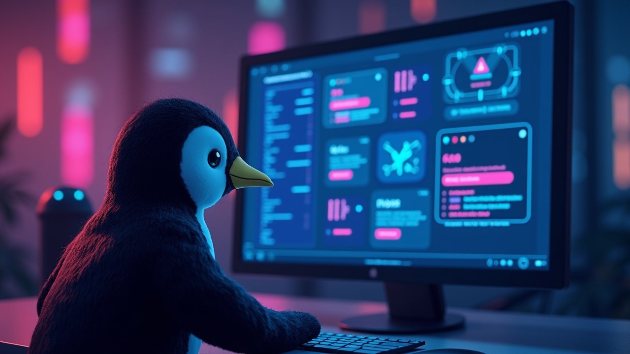 Neon-lit penguin facing a computer screen with fake wallet overlays and phishing banners