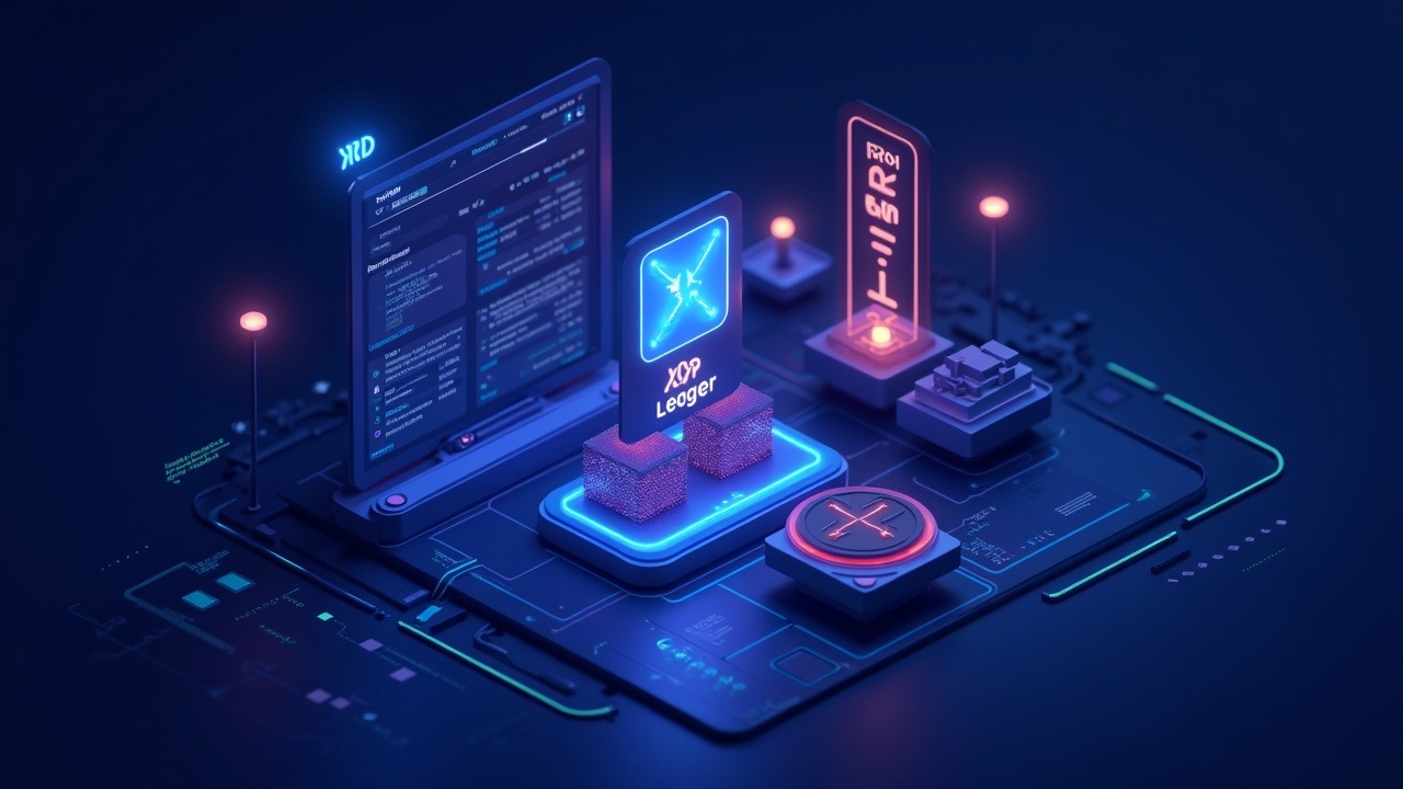 Futuristic cross-border trade hub with a glowing RLUSD token on an XRP Ledger interface, MAS BLOOM badge, neon lighting.