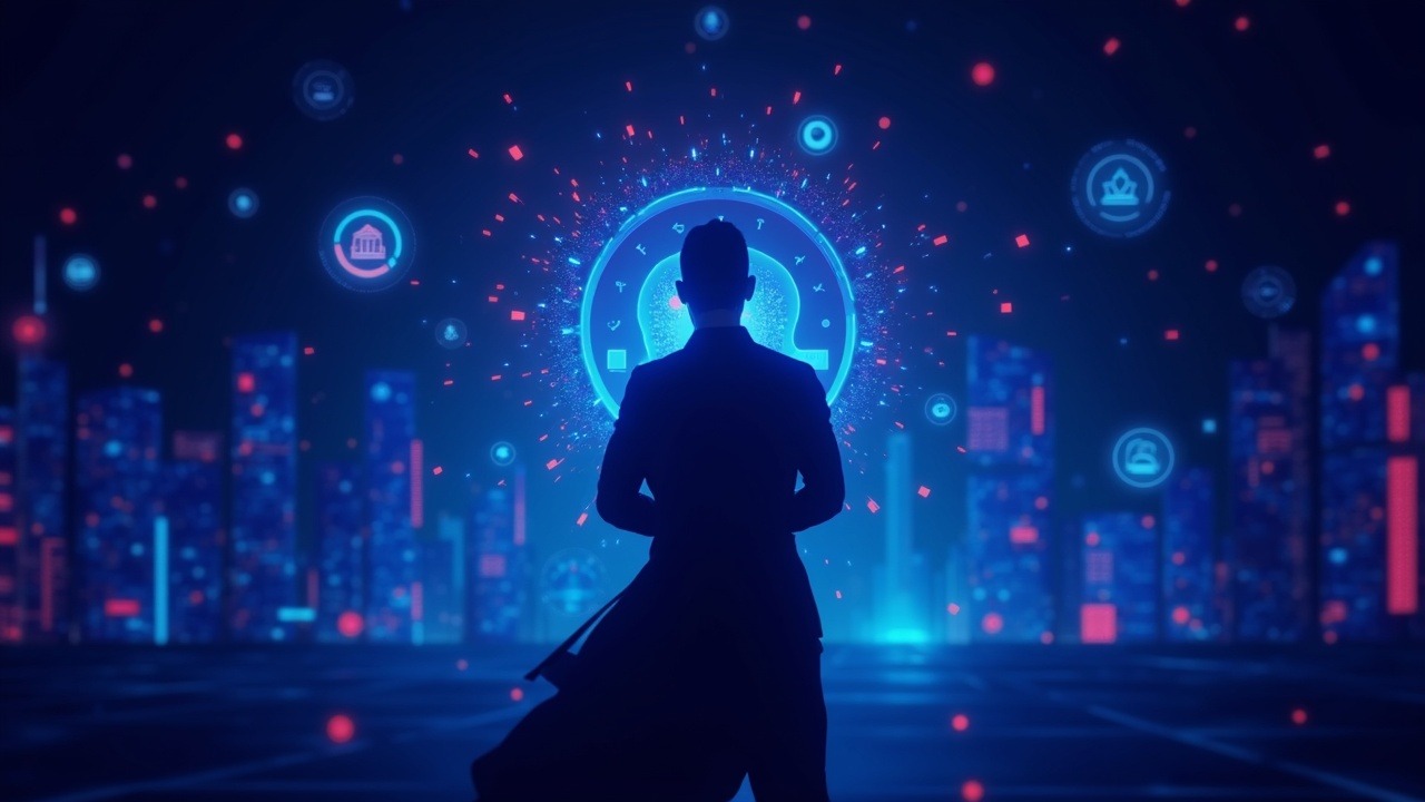 Neon, high-tech illustration showing a central enforcement silhouette amid a storm of crypto nodes and regulatory dashboards.