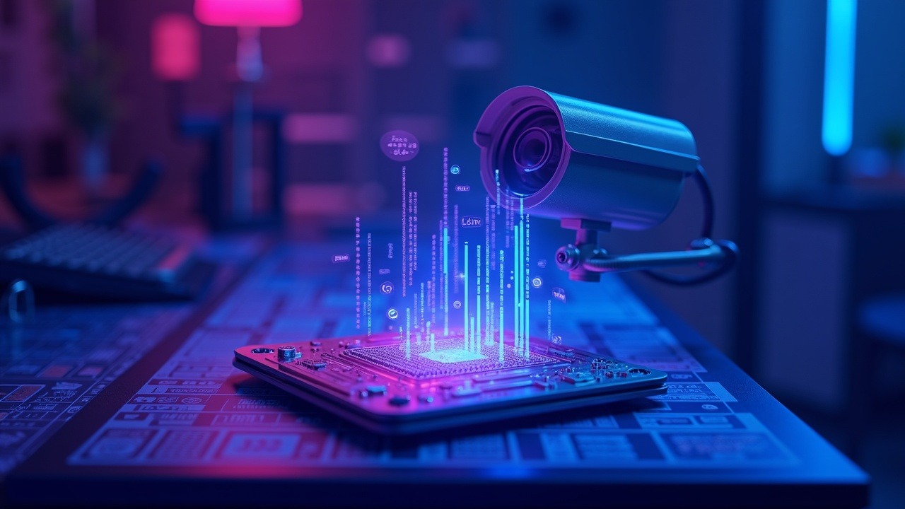 Hyperreal illustration of a hardware wallet with exposed seed phrase, CCTV lens overhead, Bitcoin flowing to many addresses.