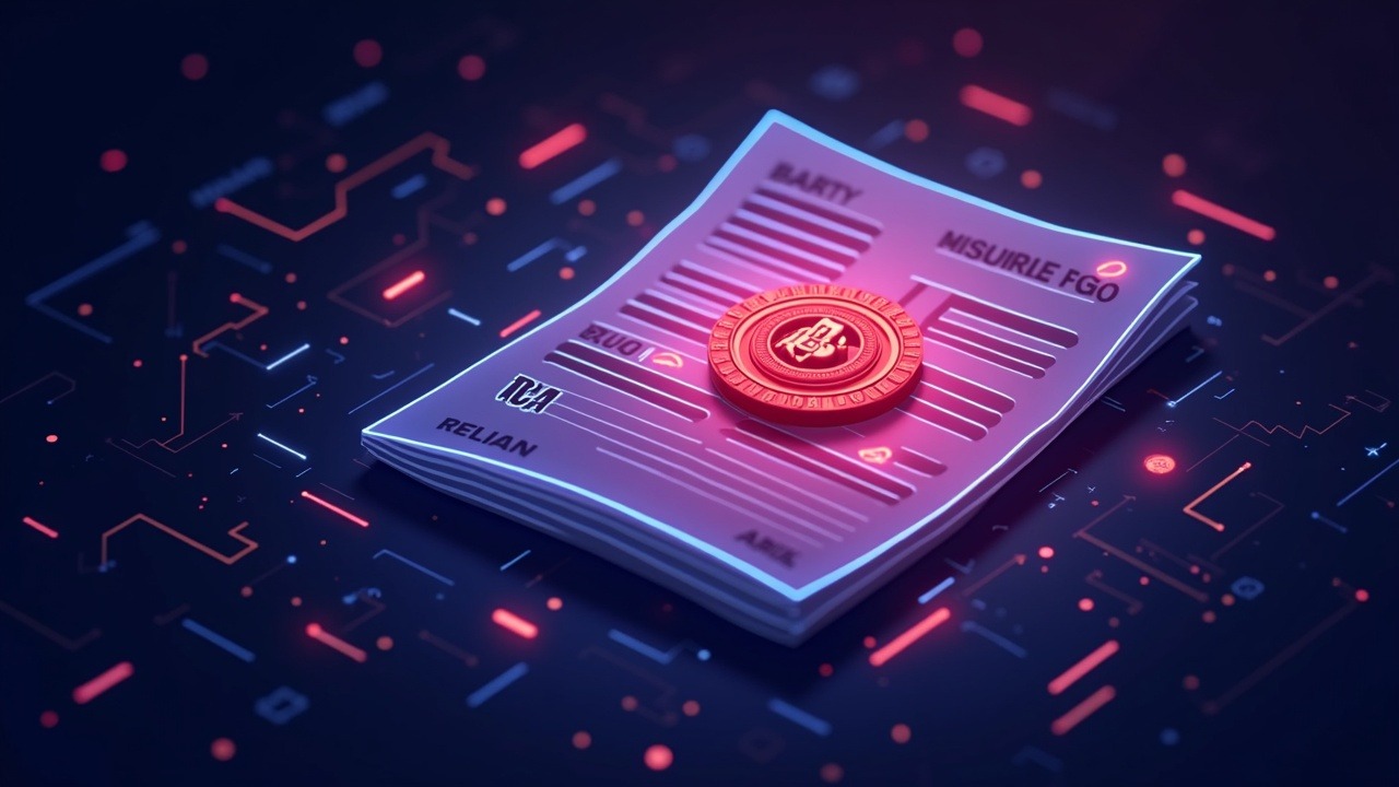 Neon crypto illustration featuring a prediction market contract stamped with a red regulatory seal.