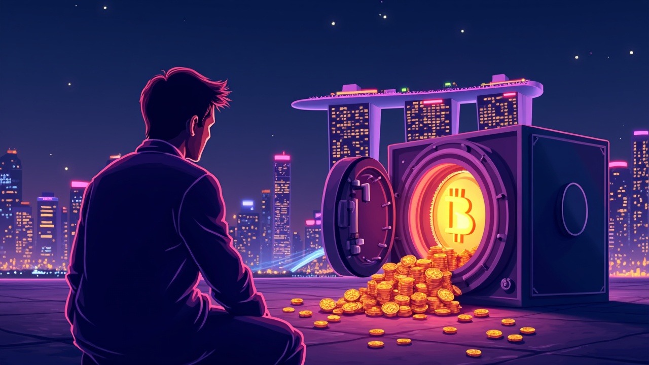 Neon-lit Singapore courthouse with a glowing vault spilling digital coins, set against a neon skyline.